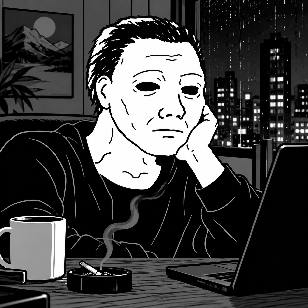 Myersjak at his laptop on a rainy night