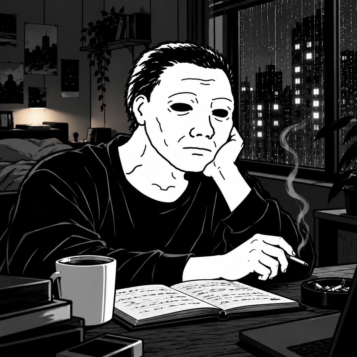 Myersjak thinking beside his notebook in the rainy city