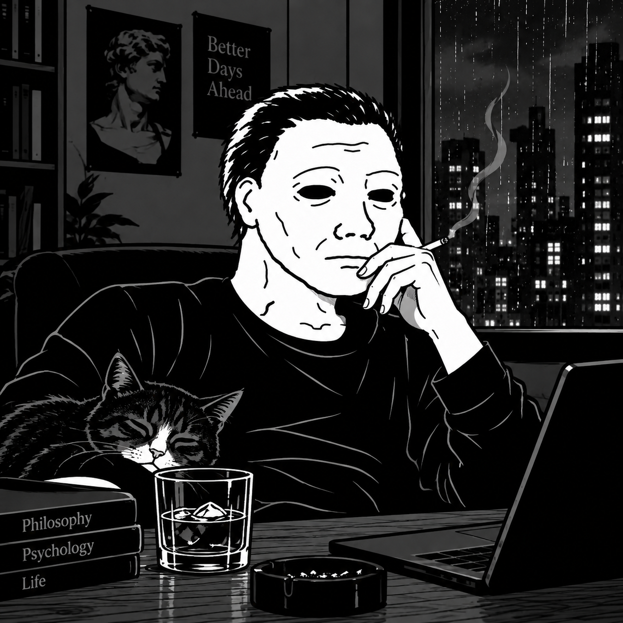 Myersjak in a dark room with a sleeping cat